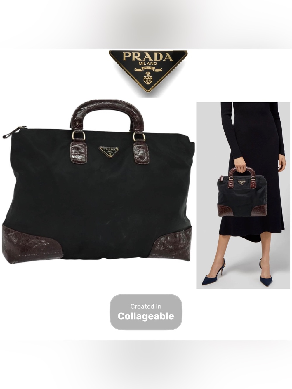 👜 PRADA Nylon Black Brown handbag Authentic Zip Fall Winter